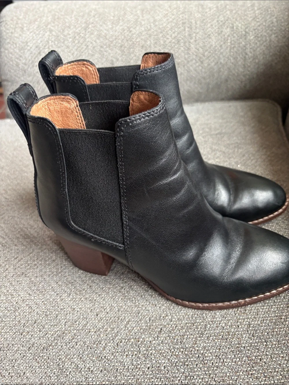 Madewell Black Leather Chelsea Ankle Boots with Brown Heel